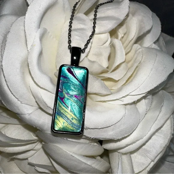 Hand painted Abstract Acrylic fluid pour art pendant necklace teal blue black - Picture 2 of 7